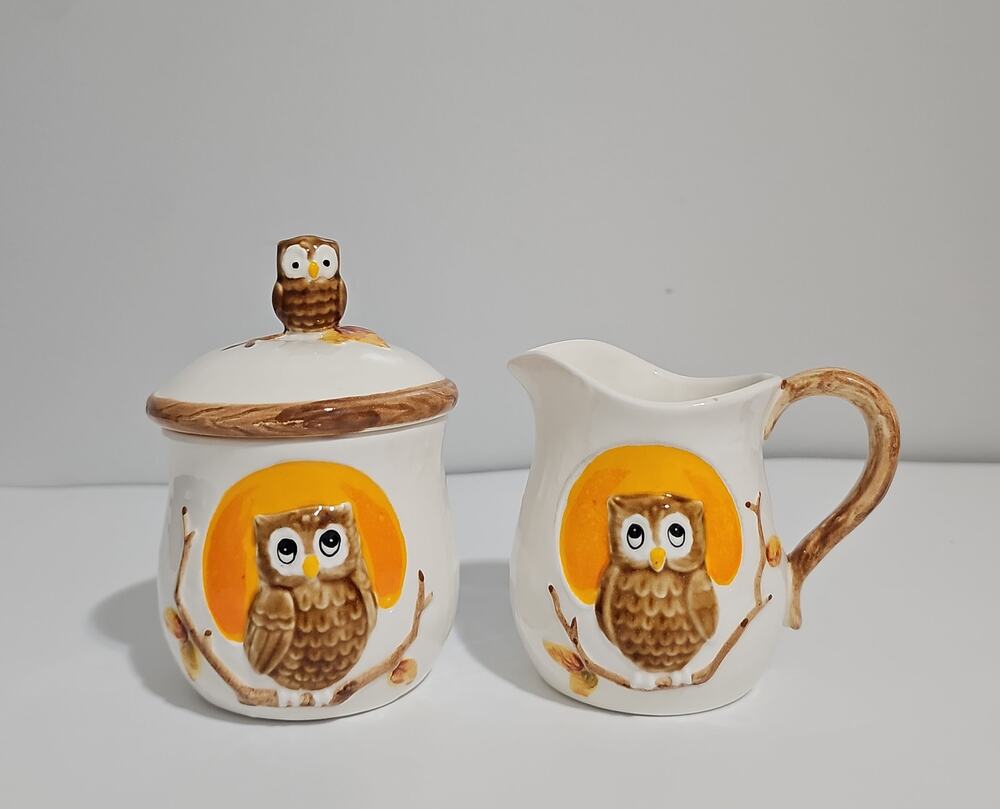 Vintage SEARS ROEBUCK & CO Ceramic Owl Creamer Sugar Bowl Set 1983 RARE